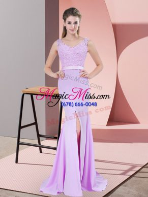 New Arrival Lilac Mermaid Beading and Lace Prom Dress Zipper Chiffon Sleeveless