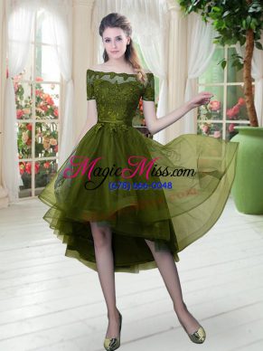 Olive Green Short Sleeves High Low Lace Lace Up Homecoming Dress