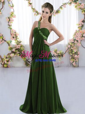 Free and Easy Olive Green Empire Chiffon One Shoulder Sleeveless Beading Lace Up Quinceanera Dama Dress Brush Train