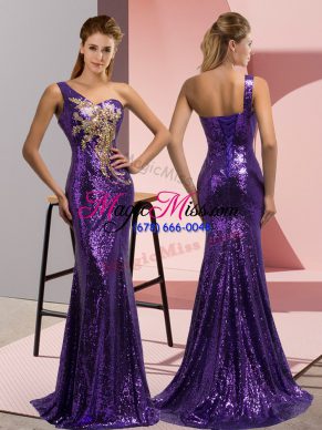 Custom Designed Purple Mermaid Sequined One Shoulder Sleeveless Beading and Appliques Lace Up Sweep Train
