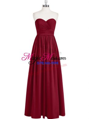 Sumptuous Floor Length Zipper Dress for Prom Wine Red for Prom and Party and Military Ball with Pleated