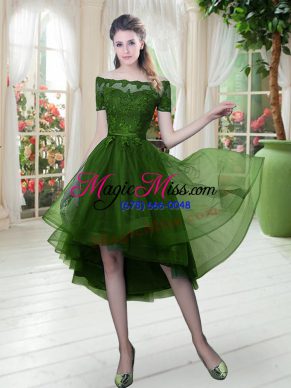 Green A-line Off The Shoulder Short Sleeves Tulle High Low Lace Up Lace Prom Dresses