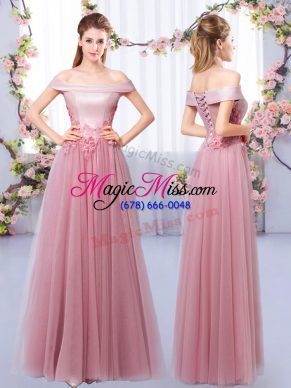 Pink Lace Up Court Dresses for Sweet 16 Appliques Sleeveless Floor Length