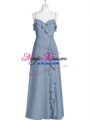 Customized Blue Zipper Prom Dress Ruching Sleeveless Floor Length
