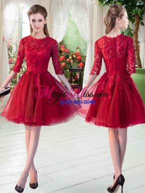 Half Sleeves Tulle Knee Length Zipper Homecoming Dress in Wine Red with Lace
