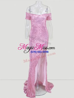 Pink Zipper Off The Shoulder Sequins Dress for Prom Short Sleeves Sweep Train