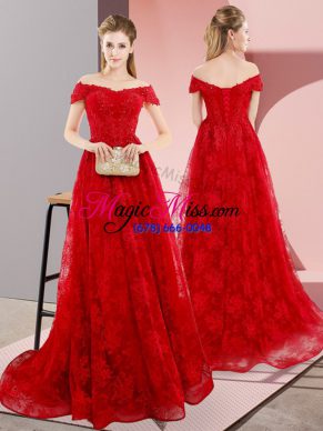 Red Prom Party Dress Tulle Sweep Train Sleeveless Beading and Lace