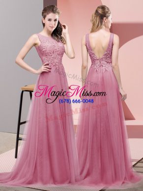 Graceful Empire Sleeveless Pink Prom Evening Gown Sweep Train Lace Up
