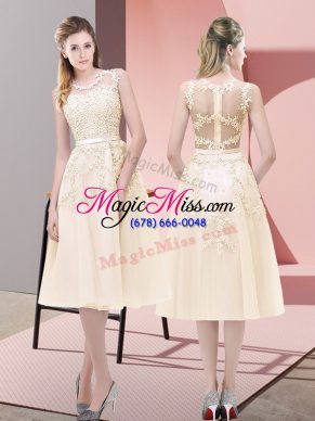 Stunning Champagne A-line Beading and Lace Zipper Sleeveless Tea Length