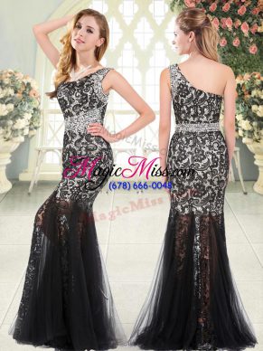 Floor Length Black Prom Gown Tulle Sleeveless Beading and Lace