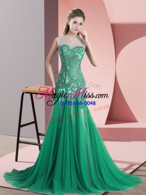 Noble Tulle Sleeveless Prom Dress Sweep Train and Beading and Appliques