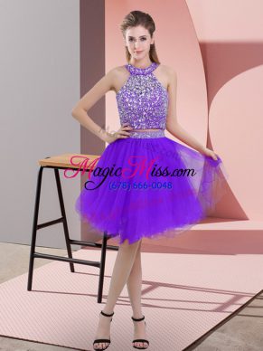 Halter Top Sleeveless Homecoming Dress Knee Length Beading Purple Organza