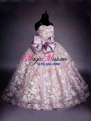 High Quality Pink Tulle Lace Up High School Pageant Dress Sleeveless Floor Length Beading and Bowknot