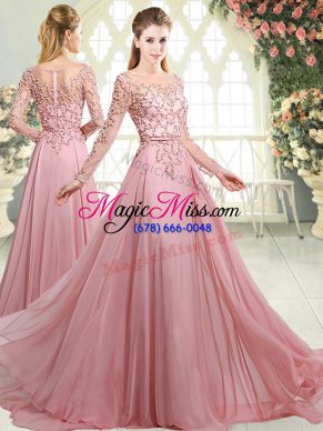 Zipper Prom Dress Pink for Prom and Party with Beading Sweep Train