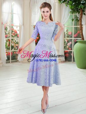 Simple Blue Zipper Prom Dress Half Sleeves Tea Length Lace