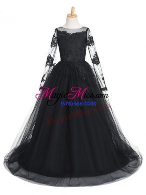 Popular Tulle Long Sleeves Child Pageant Dress Brush Train and Lace
