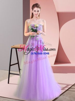 Exceptional Lavender A-line Tulle Sweetheart Sleeveless Appliques Floor Length Lace Up