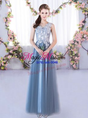 Wonderful V-neck Sleeveless Lace Up Bridesmaid Gown Blue Tulle
