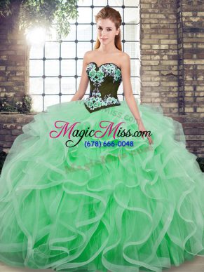 Luxurious Embroidery and Ruffles Quinceanera Gowns Apple Green Lace Up Sleeveless Sweep Train