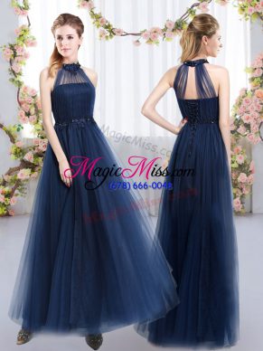 Navy Blue Empire Tulle High-neck Sleeveless Appliques Floor Length Lace Up Dama Dress