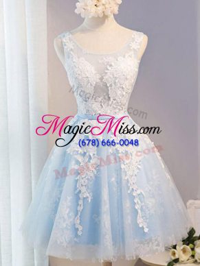 Perfect Knee Length Baby Blue Prom Dress Tulle Sleeveless Appliques and Belt