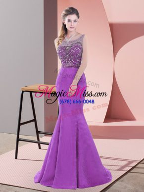 Beading and Lace Prom Dress Purple Backless Sleeveless Sweep Train