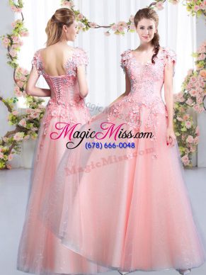 Modern V-neck Cap Sleeves Tulle Bridesmaid Dresses Beading and Appliques Lace Up