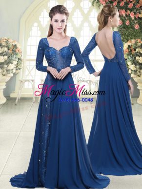 Long Sleeves Chiffon Sweep Train Zipper Evening Outfits in Blue with Beading and Lace
