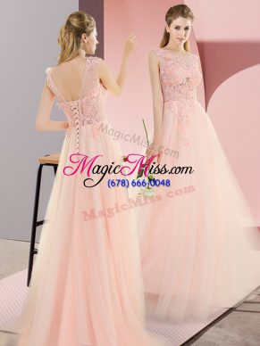 Extravagant Pink Evening Dress Prom and Party and Military Ball with Beading and Lace and Appliques Scoop Sleeveless Lace Up