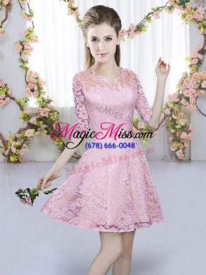 Dazzling Pink Half Sleeves Mini Length Belt Zipper Court Dresses for Sweet 16