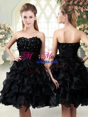 Black Side Zipper Prom Gown Beading and Appliques and Ruffles Sleeveless Mini Length