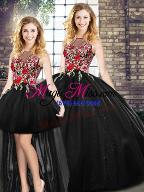 Fine Sleeveless Floor Length Embroidery Zipper 15 Quinceanera Dress with Black