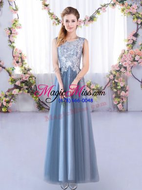 Shining Scoop Sleeveless Court Dresses for Sweet 16 Floor Length Lace Blue Tulle