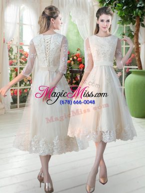 High Class Tea Length Lace Up Prom Party Dress Champagne for Prom and Party with Lace