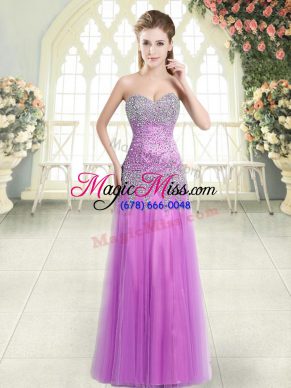 Elegant Lilac Column/Sheath Tulle Sweetheart Sleeveless Beading Floor Length Zipper Dress for Prom