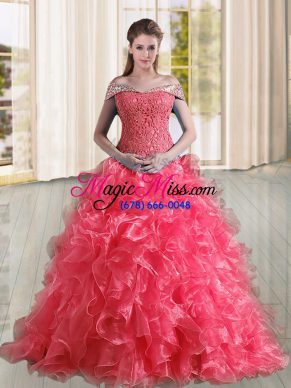 Coral Red Quinceanera Gown Off The Shoulder Sleeveless Sweep Train Lace Up
