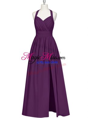 A-line Evening Party Dresses Eggplant Purple Halter Top Chiffon Sleeveless Floor Length Zipper