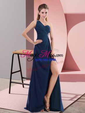 Empire Sleeveless Navy Blue Prom Party Dress Sweep Train Backless