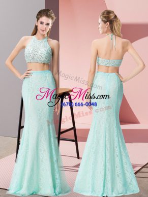 Apple Green Two Pieces Halter Top Sleeveless Lace Floor Length Backless Beading Dress for Prom