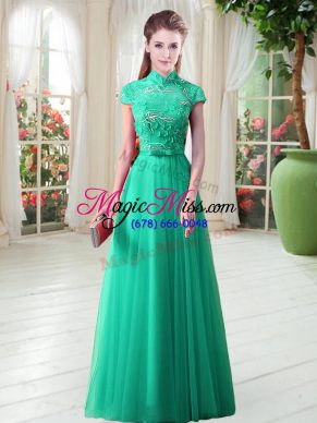 Traditional Green Cap Sleeves Lace Up for Prom