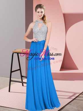 Eye-catching Blue Chiffon Zipper Dress for Prom Sleeveless Floor Length Beading