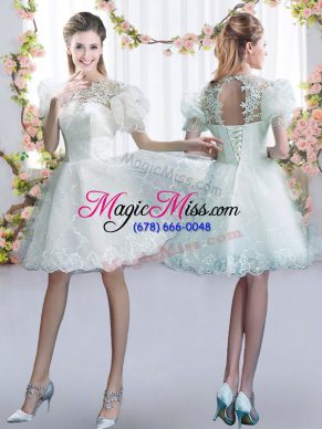 Ideal White Dama Dress for Quinceanera Prom and Party and Wedding Party with Lace Scoop Short Sleeves Lace Up