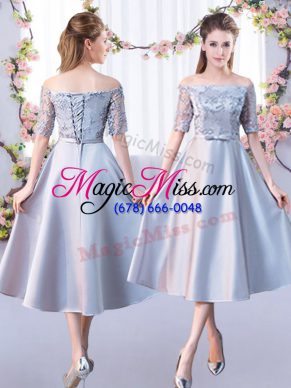 A-line Quinceanera Court of Honor Dress Silver Off The Shoulder Satin Half Sleeves Tea Length Lace Up