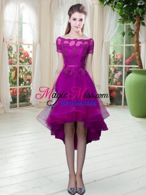 Edgy Purple Short Sleeves High Low Appliques Lace Up Prom Evening Gown