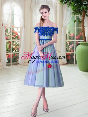 Luxury Sleeveless Tulle Tea Length Lace Up Dress for Prom in Blue with Appliques