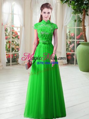 Noble A-line Evening Dress High-neck Tulle Cap Sleeves Floor Length Lace Up