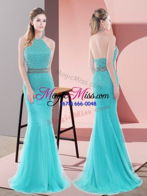Perfect Sleeveless Sweep Train Beading Backless Prom Party Dress