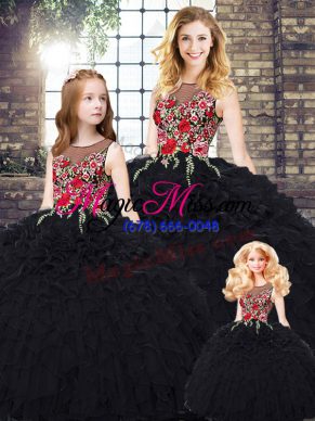Hot Selling Black Quinceanera Gown Military Ball and Sweet 16 with Embroidery and Ruffles Scoop Sleeveless Zipper