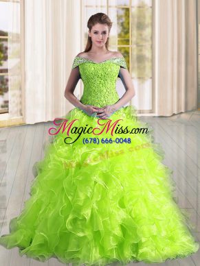 Excellent Yellow Green A-line Organza Off The Shoulder Sleeveless Beading and Lace and Ruffles Lace Up Quince Ball Gowns Sweep Train