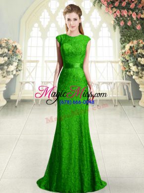 Free and Easy Green Scoop Backless Beading and Lace Homecoming Dress Sweep Train Cap Sleeves